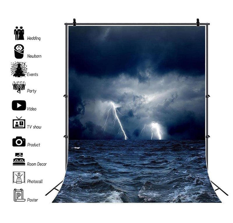 AOFOTO 6x8ft Ocean Dazzling Lightning Pirate Ship Backdrop Sea Gloomy Moon Night Sky Clouds Corsair Boat Photography Background Birthday Nautical Party Banner Halloween Nightmare Photo Props Vinyl - Image 3